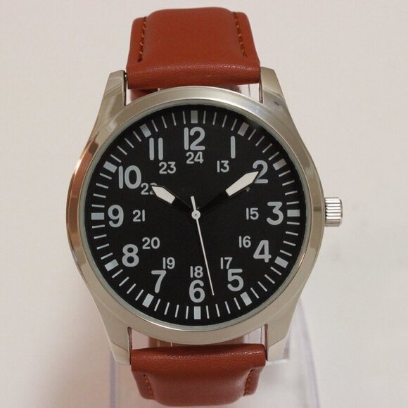Men's Quartz Field Watch Silver Case Brown Leather Strap 42mm - Picture 3 of 12